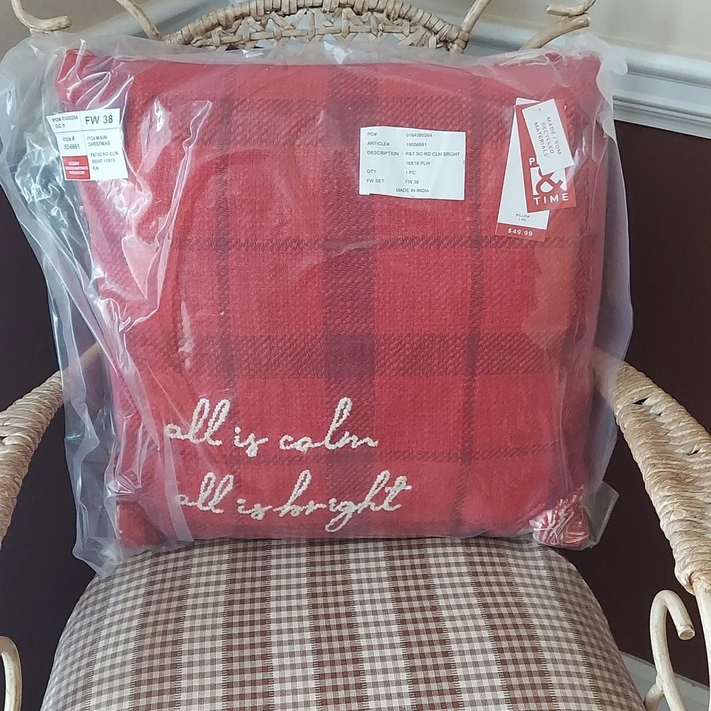 All Is Calm All Is Bright Red Plaid Christmas Pillow 18